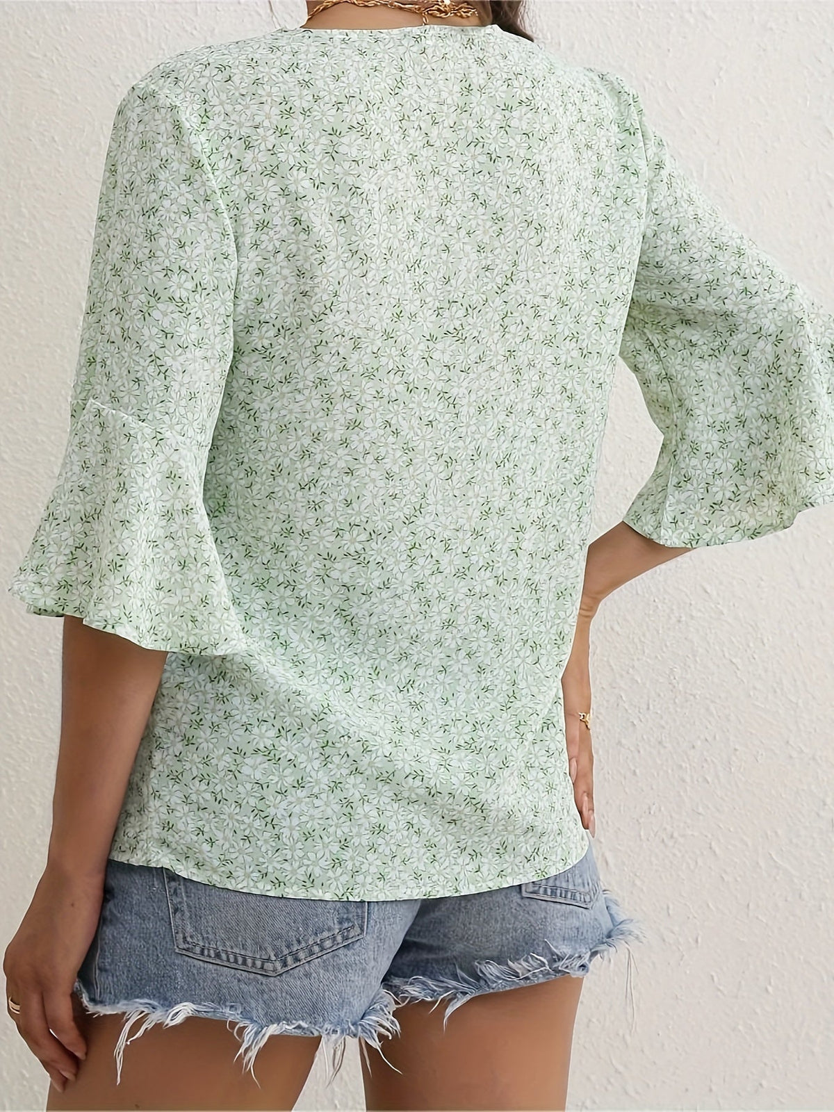 Kessoro women's floral ruffle-sleeve V-neck blouse in royal blue, yellow, green and red – image 14 of 23