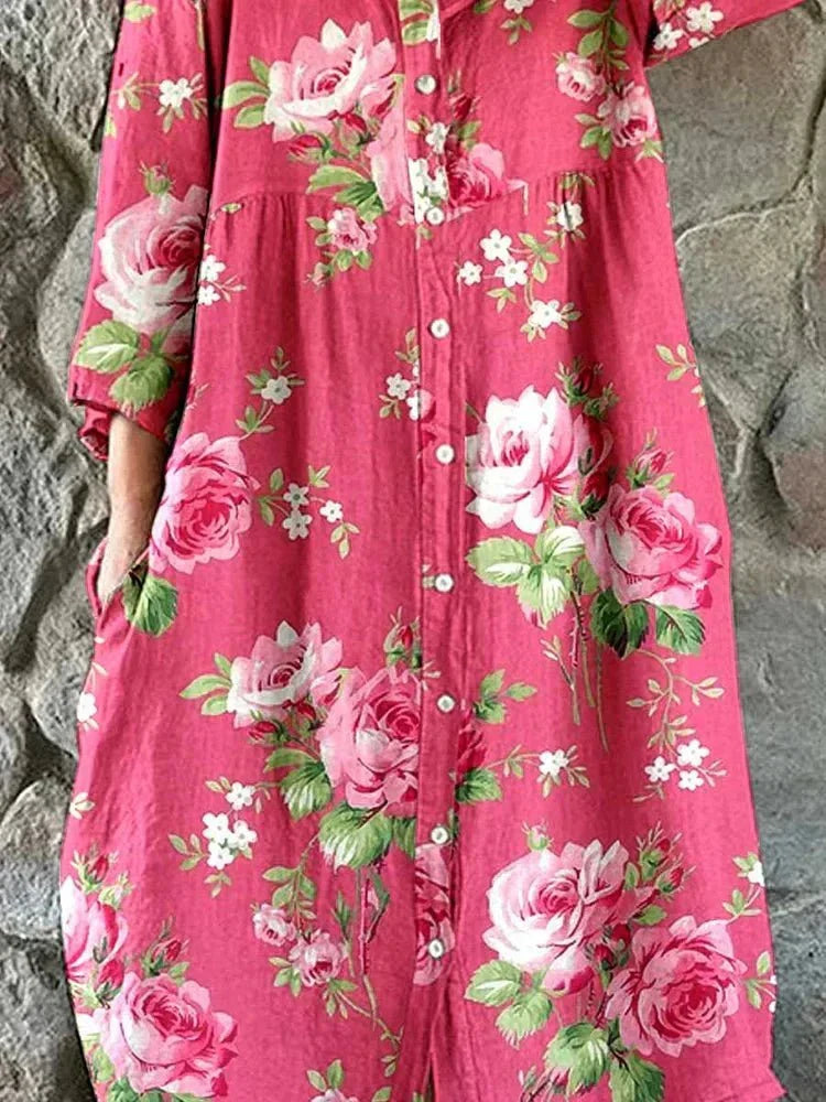 Women's oversized art floral V-neck dress in soft pink rose tones