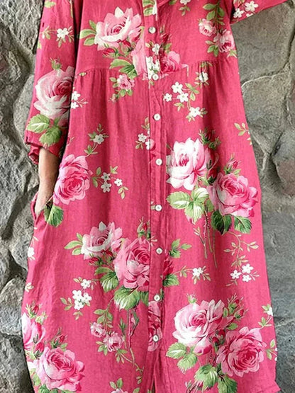 Women's oversized art floral V-neck dress in soft pink rose tones