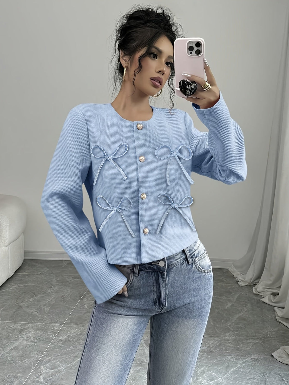 Kessoro women's bow-detail cropped tailored jacket in sky blue – image 5 of 8
