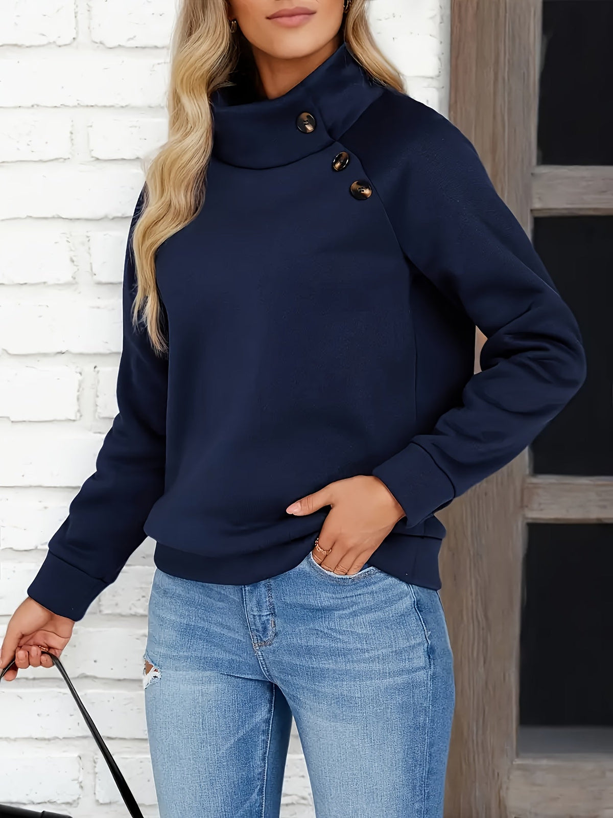 Kessoro women's navy stand collar button-accent sweatshirt - view 2 of 4