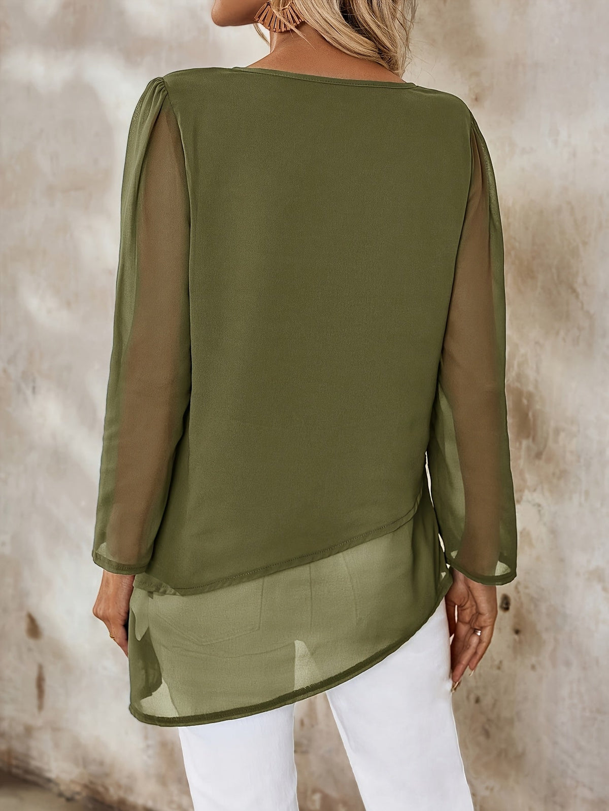 Kessoro women's layered sheer irregular-hem blouse in black and green - view 8 of 11