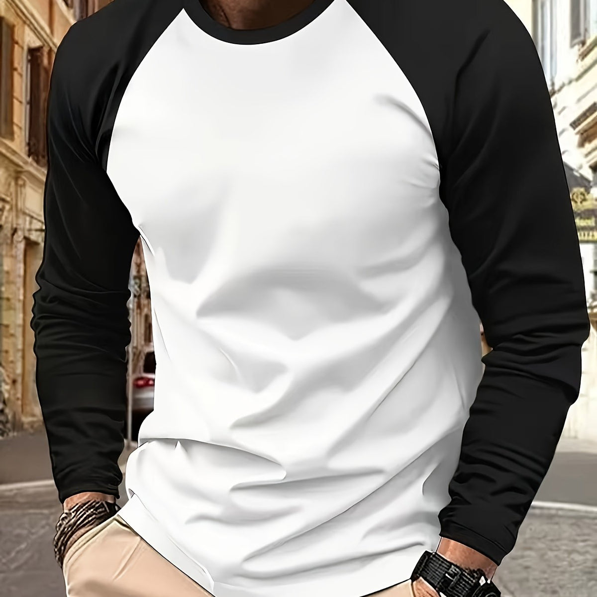 Men's two-tone raglan long-sleeve t-shirt in black, light grey and white, styled view 2