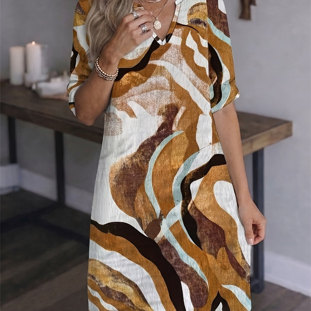 Women's artful print V-neck shift dress in a bright summer colourway