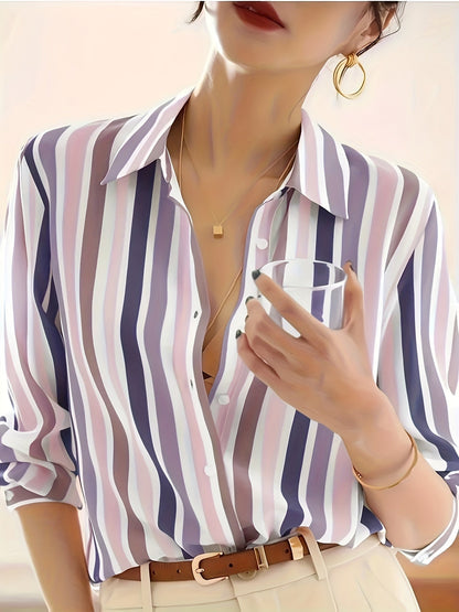 Kessoro Women's Striped Lapel Collar Button-Up Blouse in blue, sky blue, tangerine and other colourways — back view