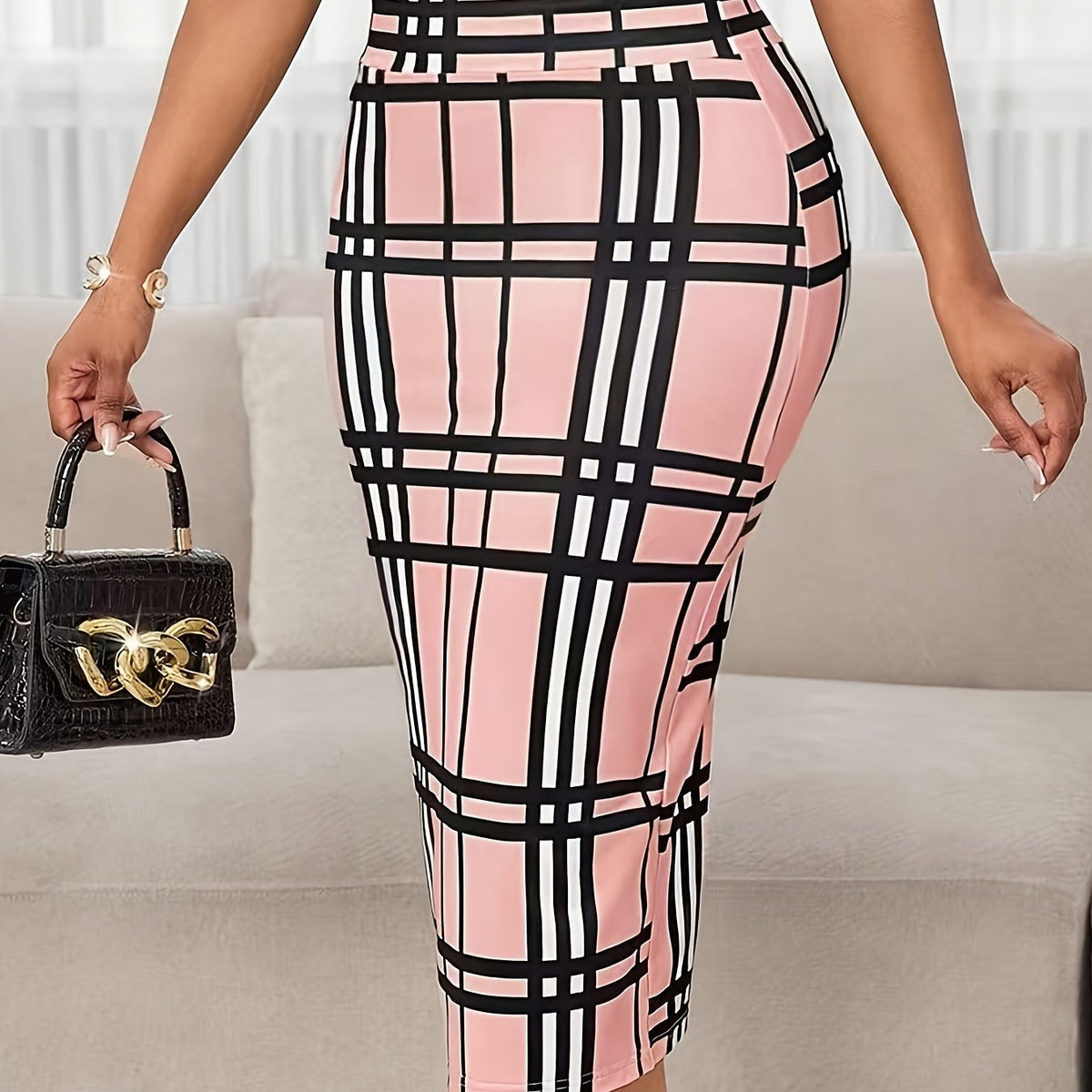 Kessoro women's plaid high-waist pencil skirt in white, burgundy and pink - product view 12