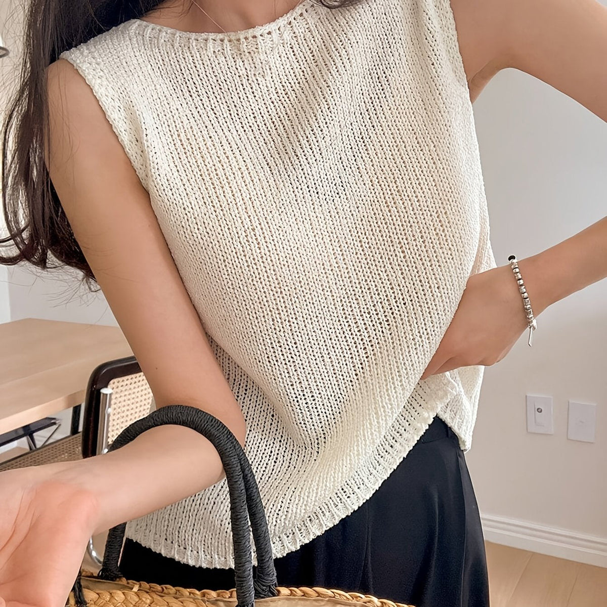 Kessoro women's relaxed open-knit sleeveless top in apricot and coffee brown, women's tops — view 7 of 8