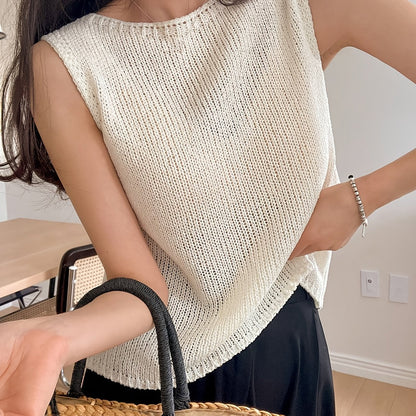 Kessoro women's relaxed open-knit sleeveless top in apricot and coffee brown, women's tops — view 7 of 8