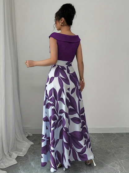 Women's leaf-print wrap-neck A-line maxi dress in a deep natural colourway