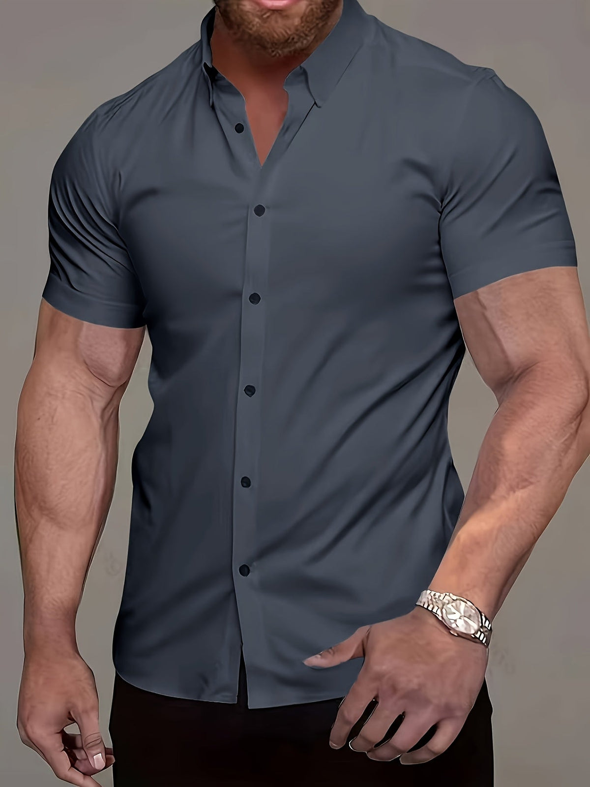 Kessoro men's refined short-sleeve button-up shirt shown in eleven colourways including white, black, navy and army green on a male model