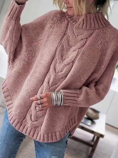 Kessoro women's high-neck cable-knit loose sweater in khaki, grey, pink, black and red – view 3