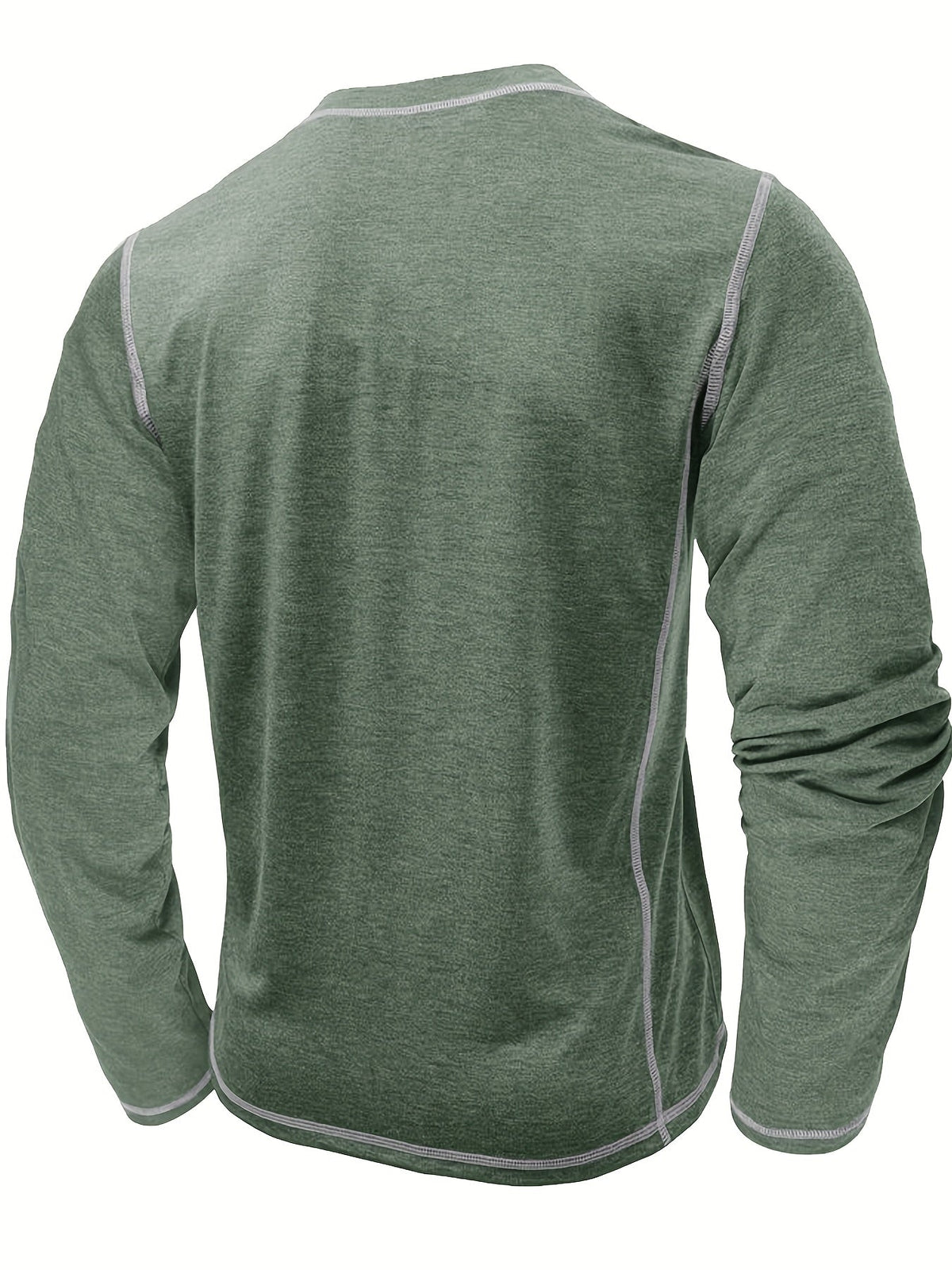 Men's contrast-stitch long sleeve henley shirt in khaki and green, colour option 1 styled view