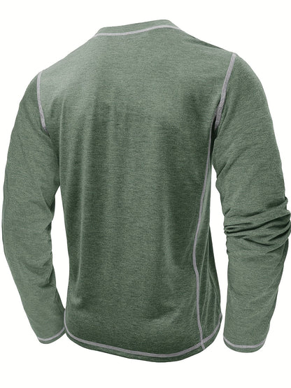 Men's contrast-stitch long sleeve henley shirt in khaki and green, colour option 1 styled view
