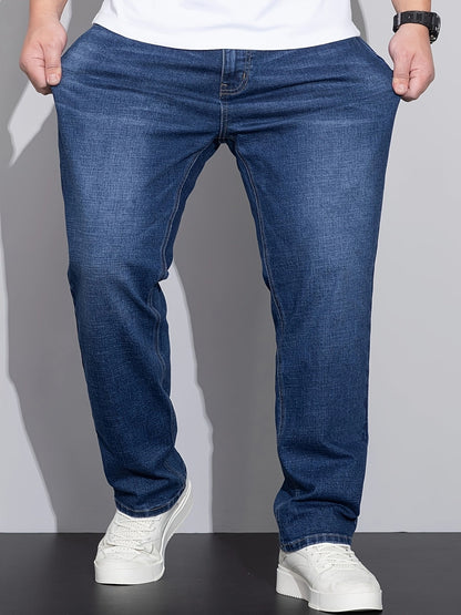 Men's mid-rise straight-leg stretch jeans in blue and black denim, side view