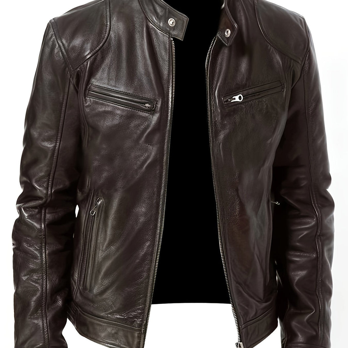 Kessoro men's stand-collar zip-front moto jacket in black and coffee brown - product view 7