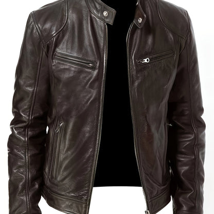 Kessoro men's stand-collar zip-front moto jacket in black and coffee brown - product view 7