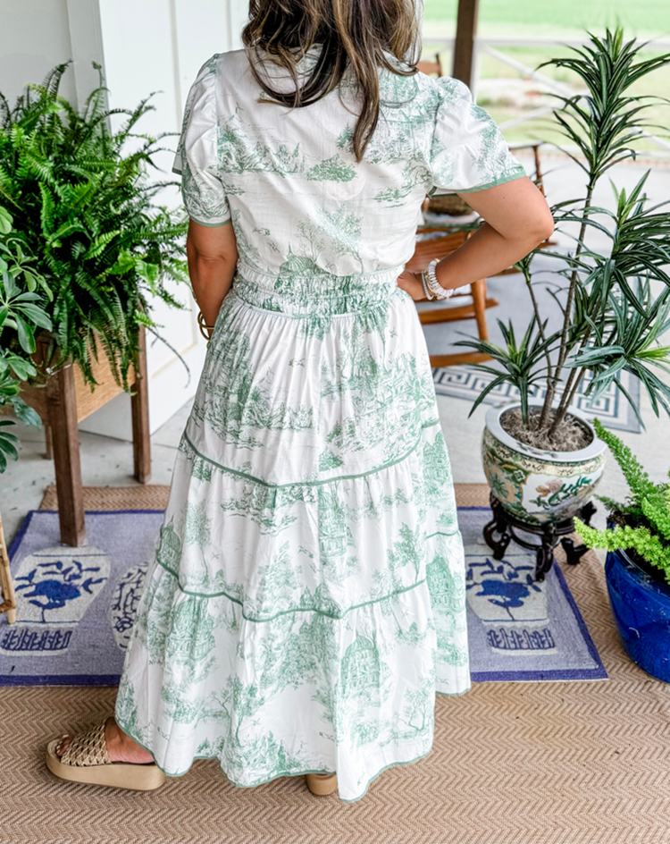 Women's toile print tiered maxi dress with a smocked waist and soft V-neckline