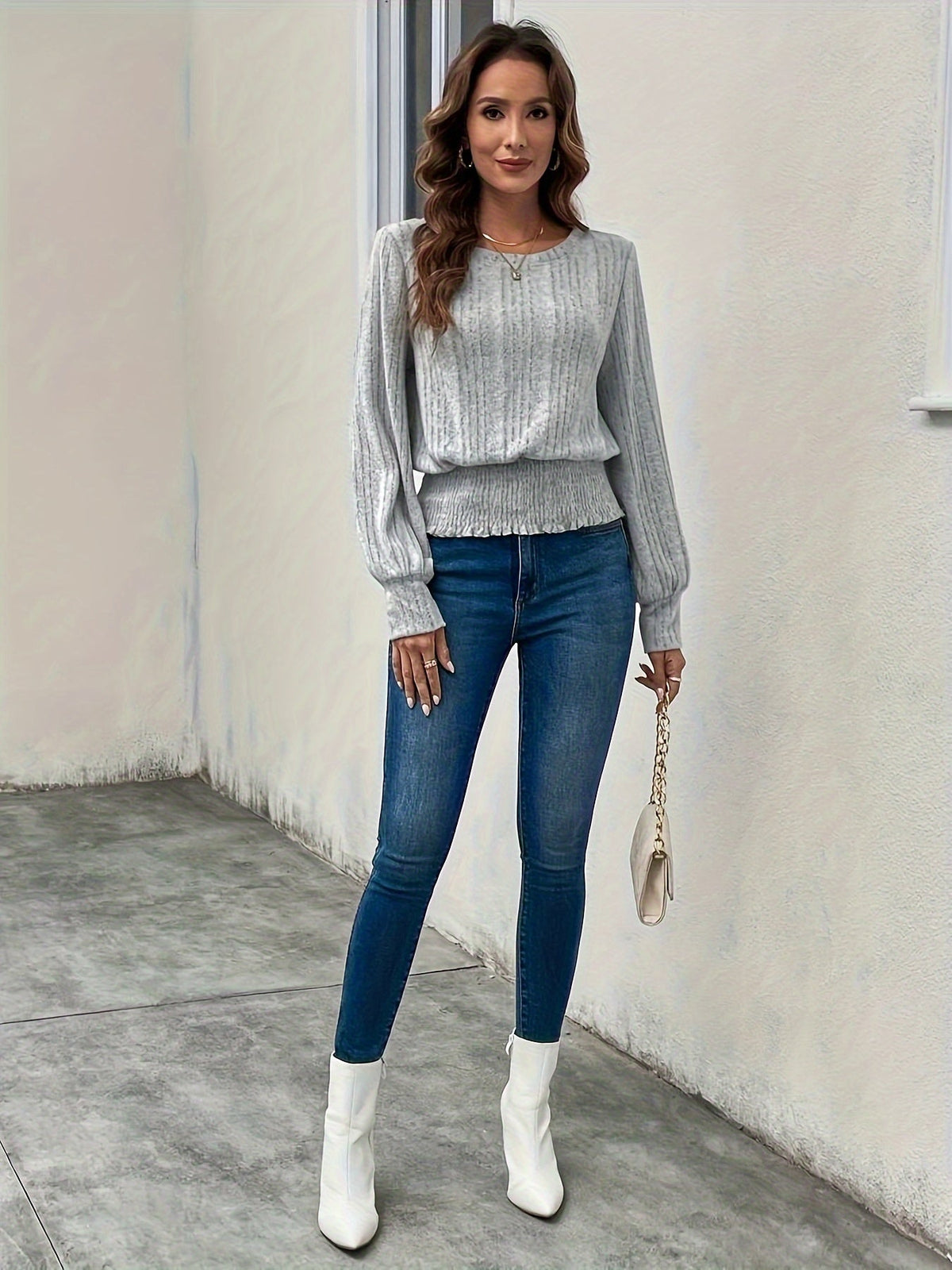 Kessoro women's ribbed smocked-waist long sleeve top in grey – image 5 of 5