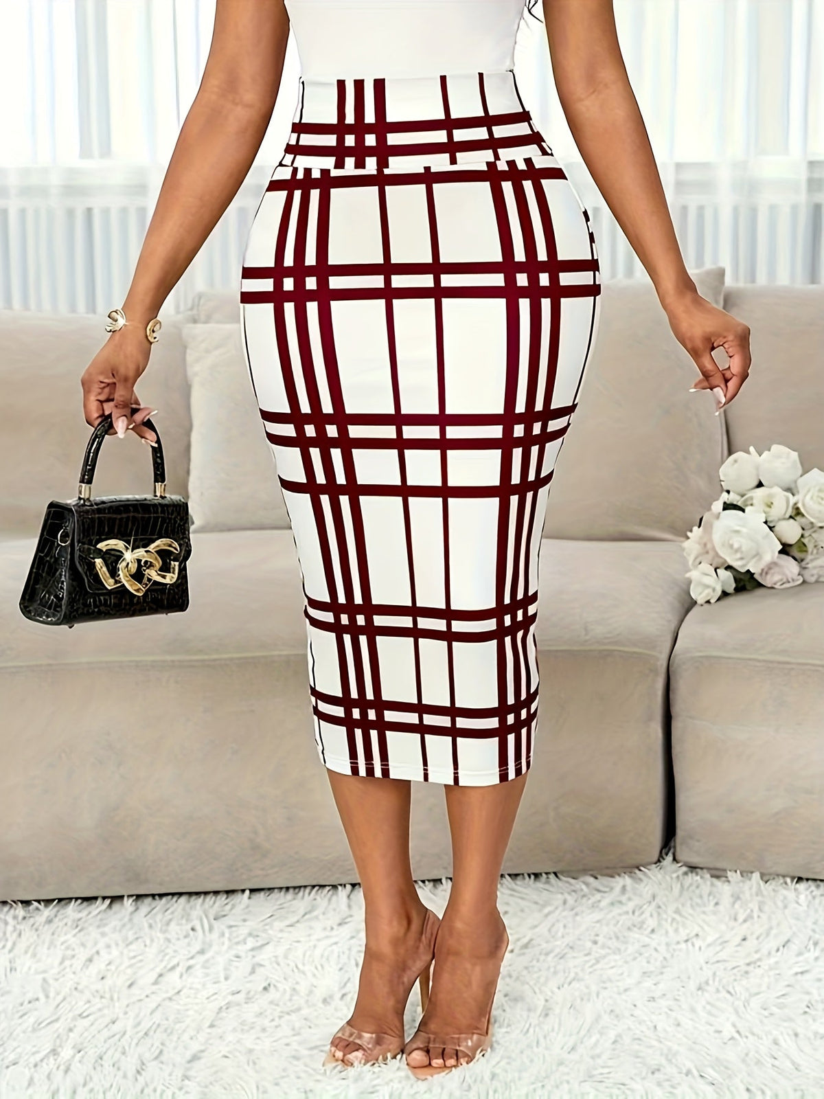 Kessoro women's plaid high-waist pencil skirt in white, burgundy and pink - product view 10