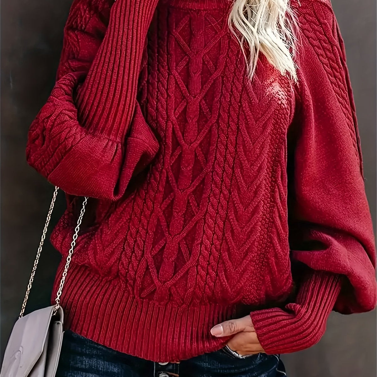 Kessoro women's cable-knit half-high collar sweater in black, red, grey, khaki and green – view 10