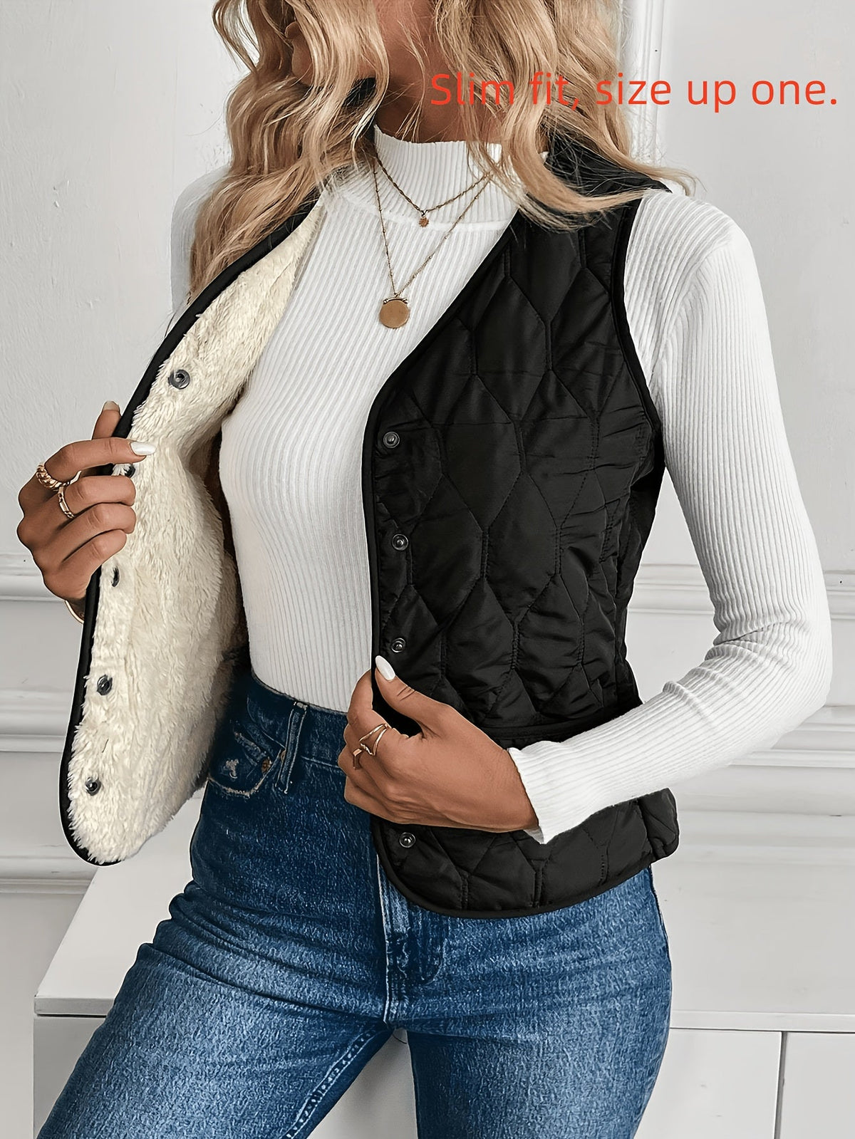 Kessoro Women's Reversible Quilted Plush Vest in black - women's apparel, view 2 of 8