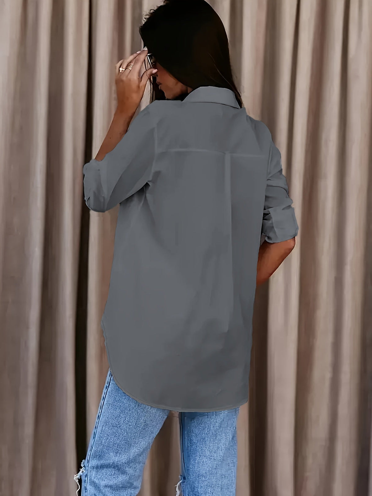 Kessoro Women's relaxed fit roll-tab sleeve collared shirt in white, red, black and more, view 10