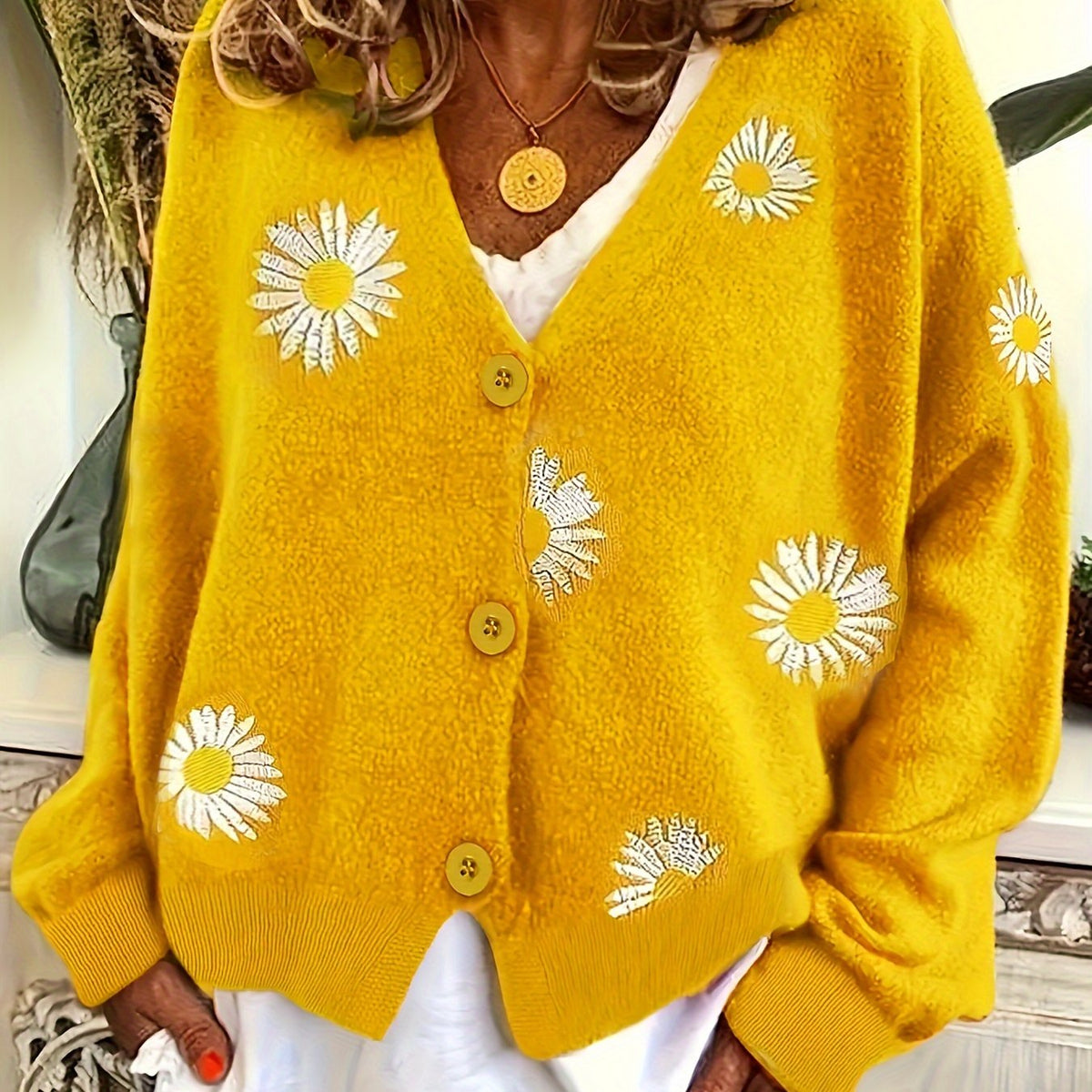 Kessoro women's floral embroidered button-front knit cardigan in green, blue, black, grey and yellow