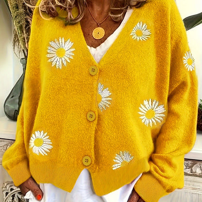 Kessoro women's floral embroidered button-front knit cardigan in green, blue, black, grey and yellow