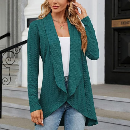 Kessoro women's open-front draped knit cardigan in gray, beige, black, burgundy, khaki, green, navy, mint green and pink, image 5 of 9