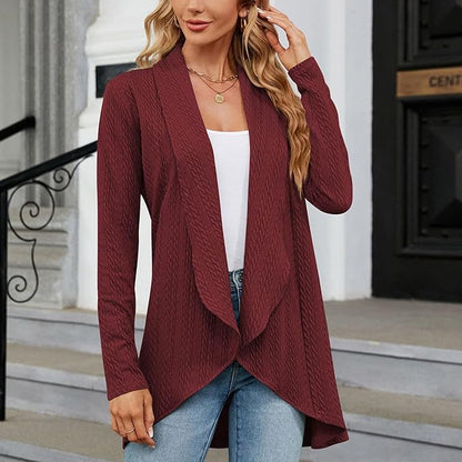 Kessoro women's open-front draped knit cardigan in gray, beige, black, burgundy, khaki, green, navy, mint green and pink, image 2 of 9