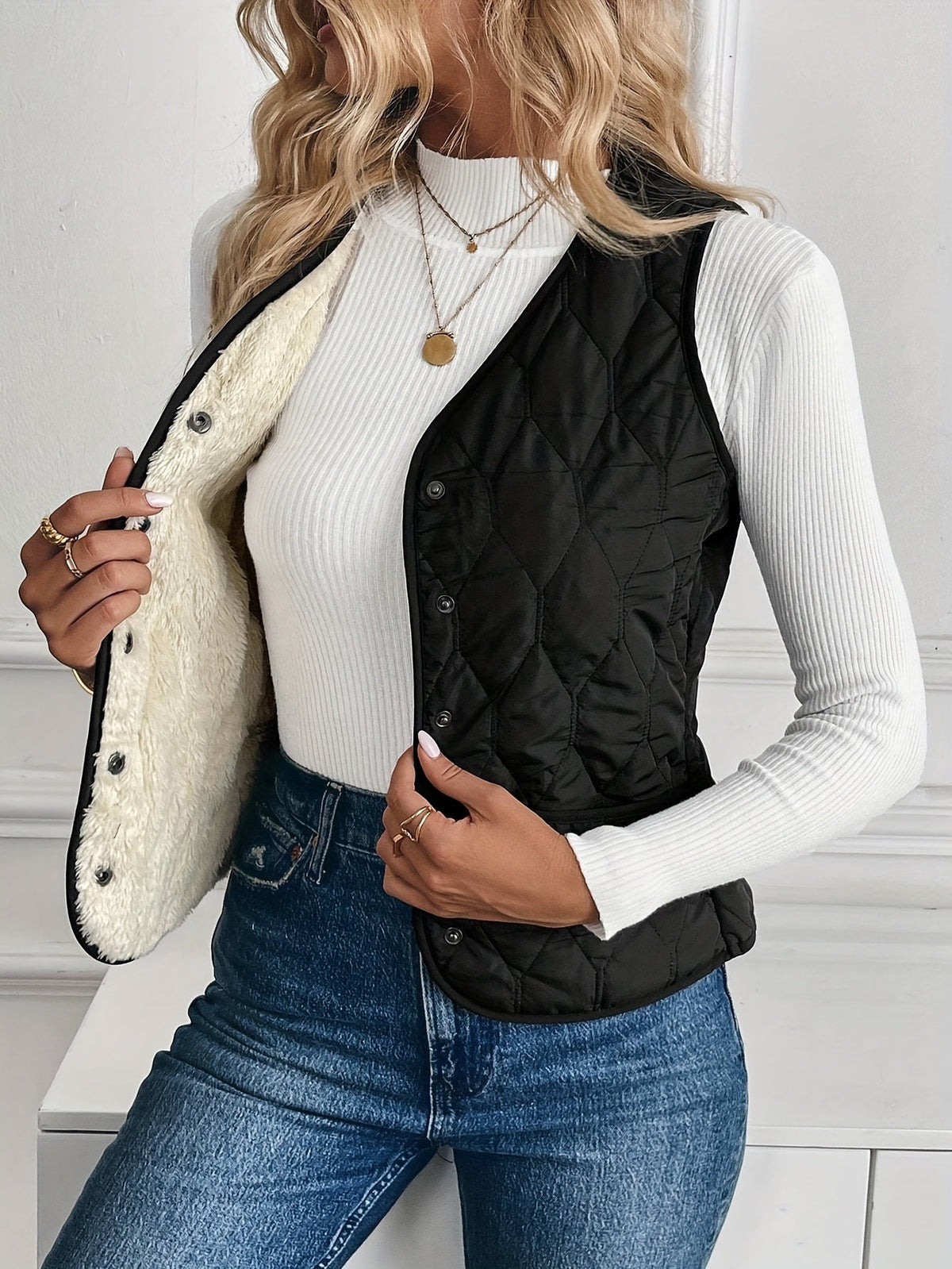 Kessoro Women's Reversible Quilted Plush Vest in black - women's apparel, view 4 of 8