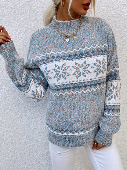 Kessoro women's snowflake mock-neck knit sweater in grey, pink or blue, view 5 of 23