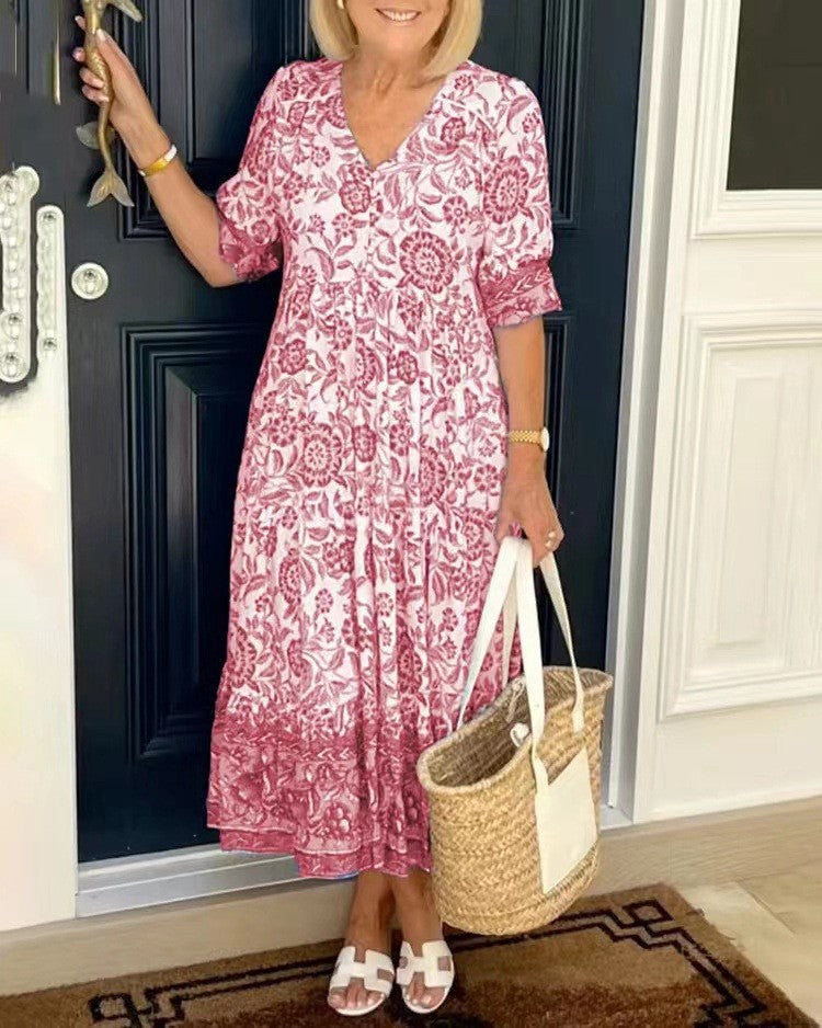Women's V-neck floral maxi dress in blue, orange, pink, purple and sky blue