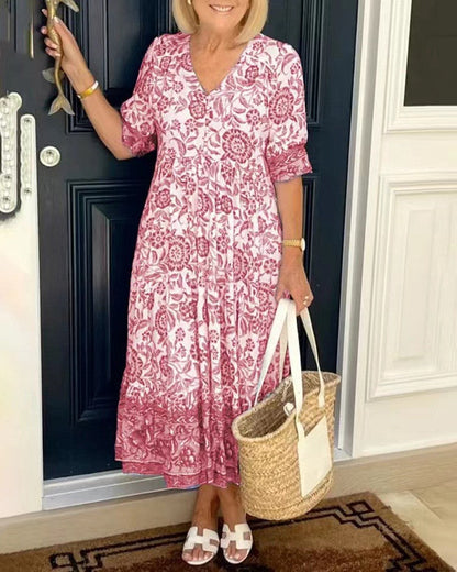 Women's V-neck floral maxi dress in blue, orange, pink, purple and sky blue