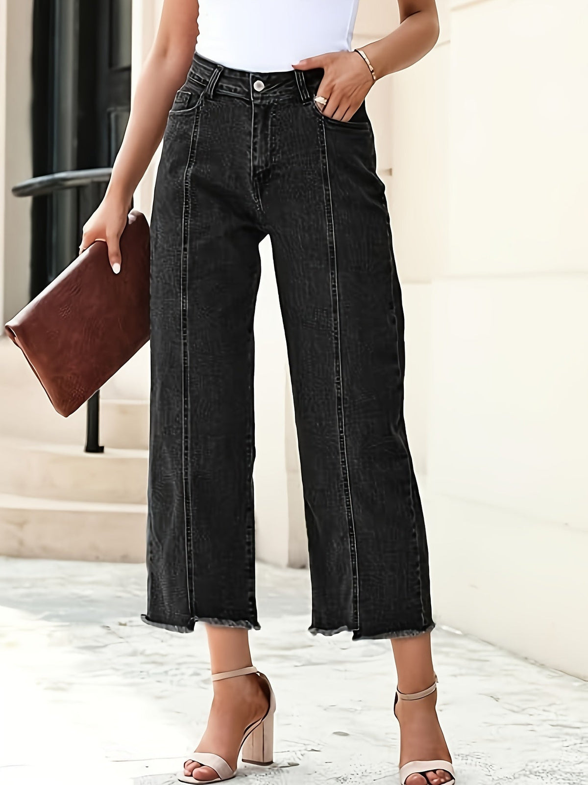Kessoro women's high-waist cropped straight-leg jeans in royal blue and black - product view 10