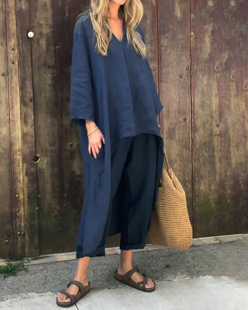 Kessoro women's loose v-neck two-piece set in navy blue, sky blue, white and orange