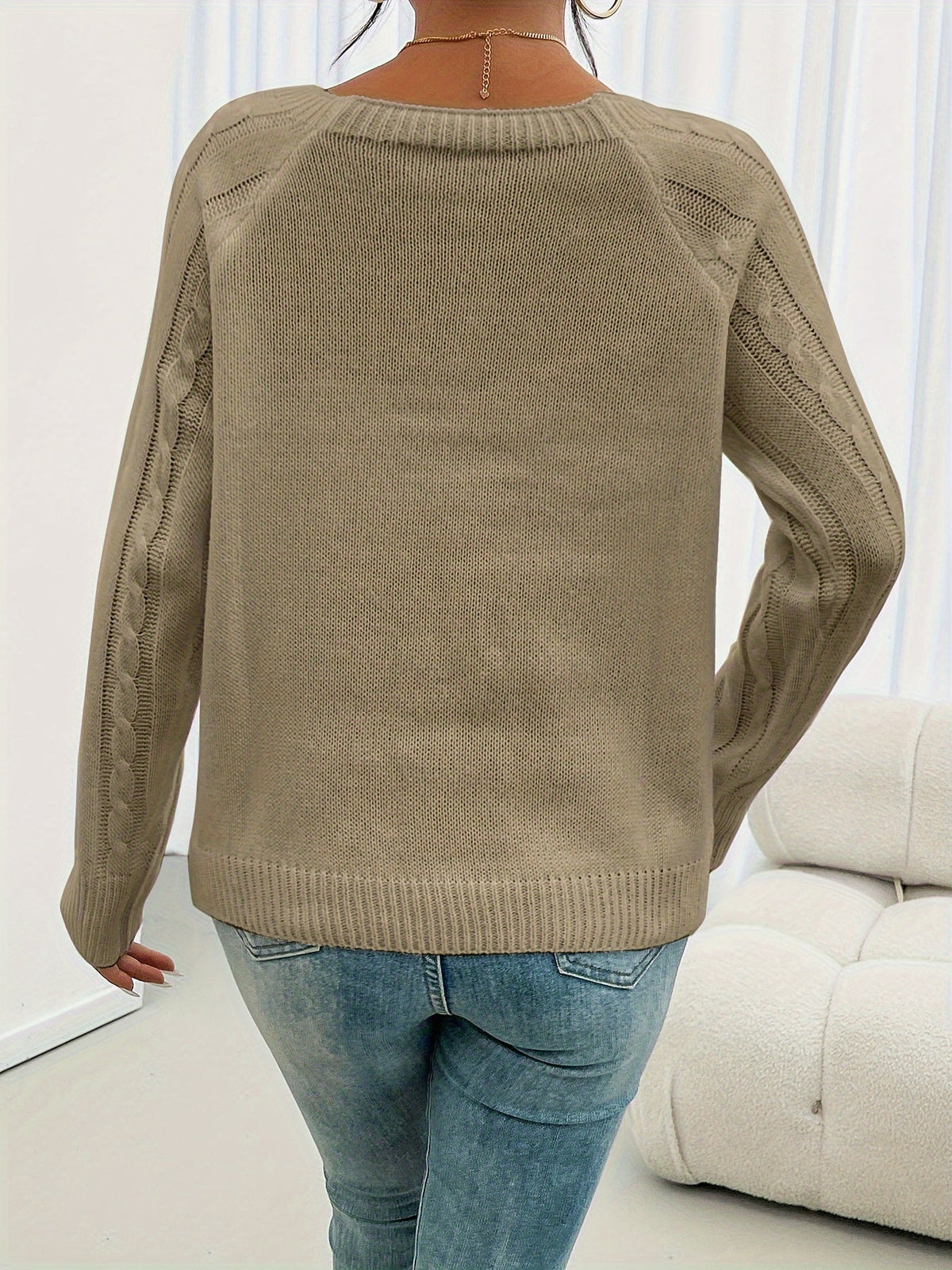 Kessoro women's cable-knit button lantern-sleeve sweater in white, khaki, black and grey – view 5
