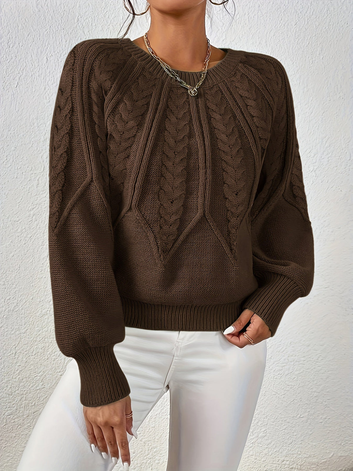 Kessoro women's cable-knit round-neck sweater in neutral and jewel-tone colourways, women's knitwear — view 7 of 23