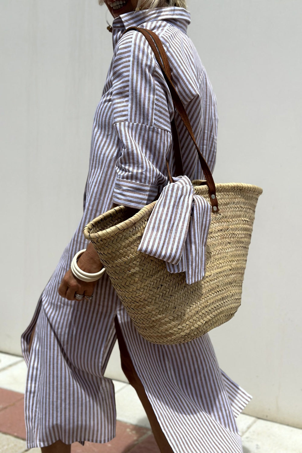 Women's striped V-neck shirt dress in pink, blue and khaki