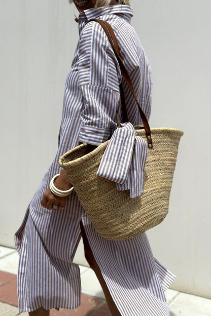 Women's striped V-neck shirt dress in pink, blue and khaki