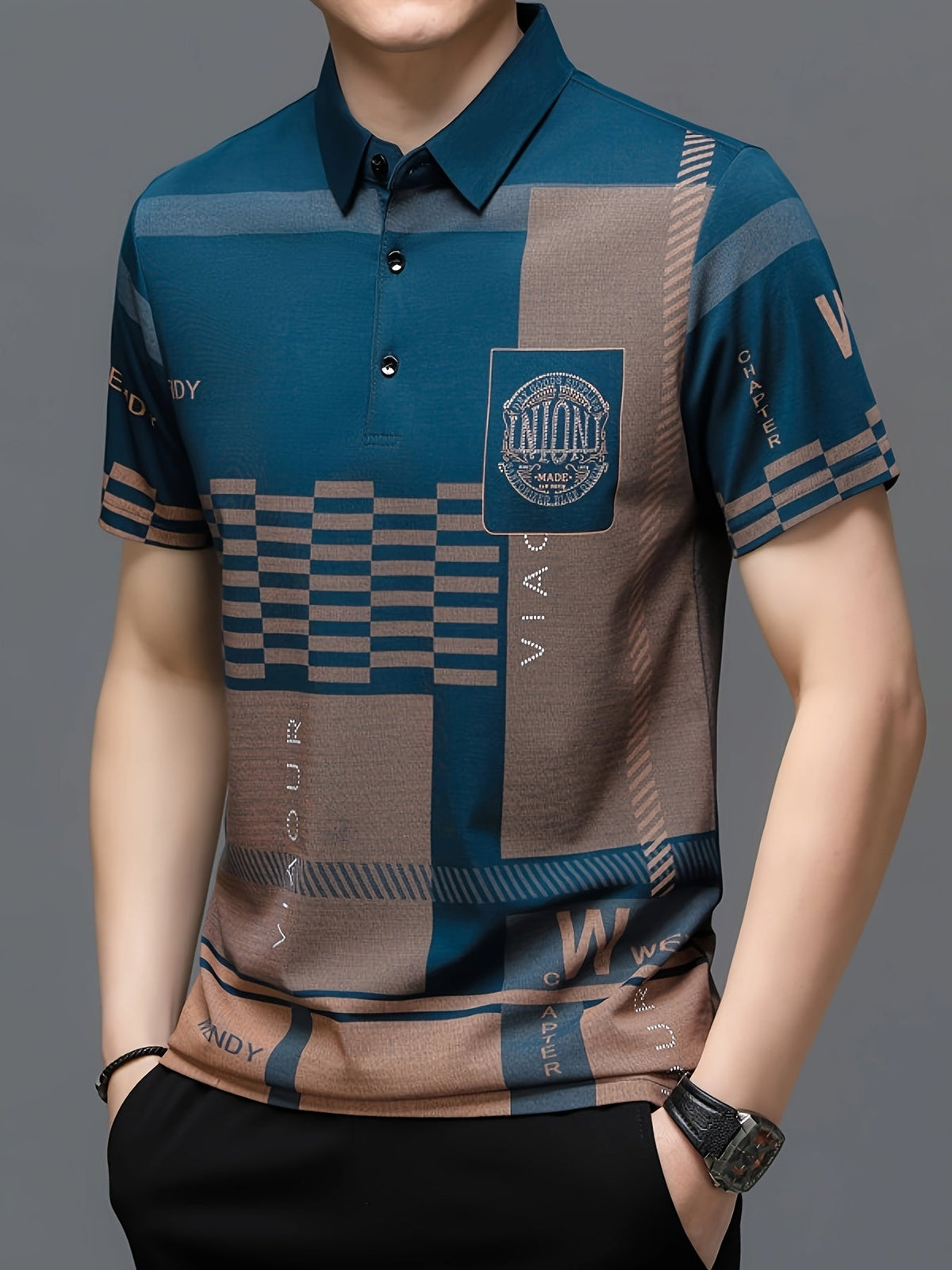 Men's colorblock short-sleeve polo shirt in black, navy blue and white — Kessoro, image 4 of 14
