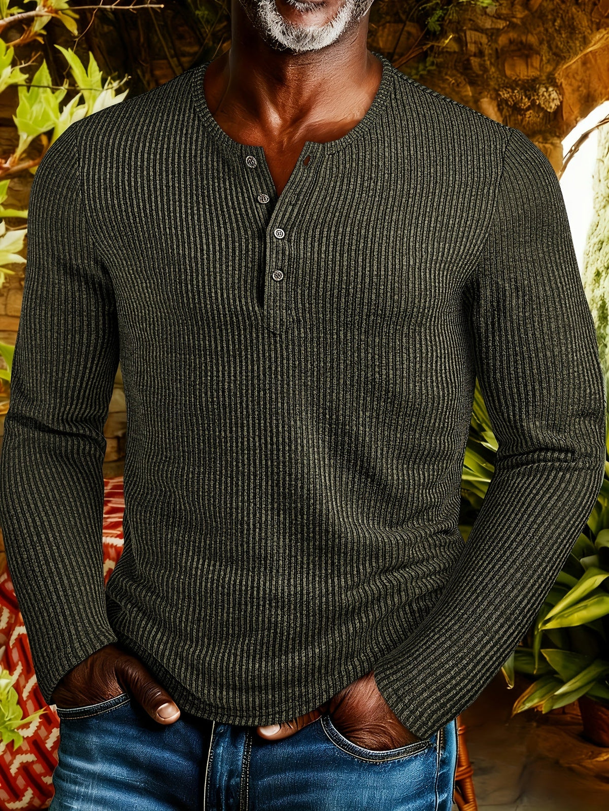 Kessoro men's ribbed textured long-sleeve henley shirt in dark grey, dark brown, army green and white