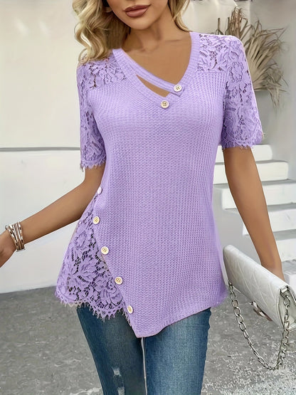 Kessoro women's lace-panel short sleeve button top in pink, yellow and purple – view 2