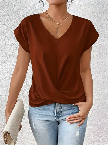 Women's twist-front V-neck top with waist-defining detail