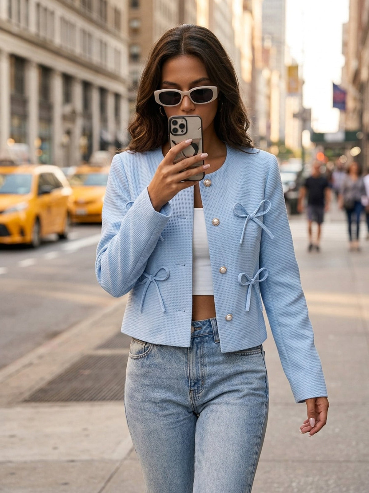 Kessoro women's bow-detail cropped tailored jacket in sky blue – image 8 of 8