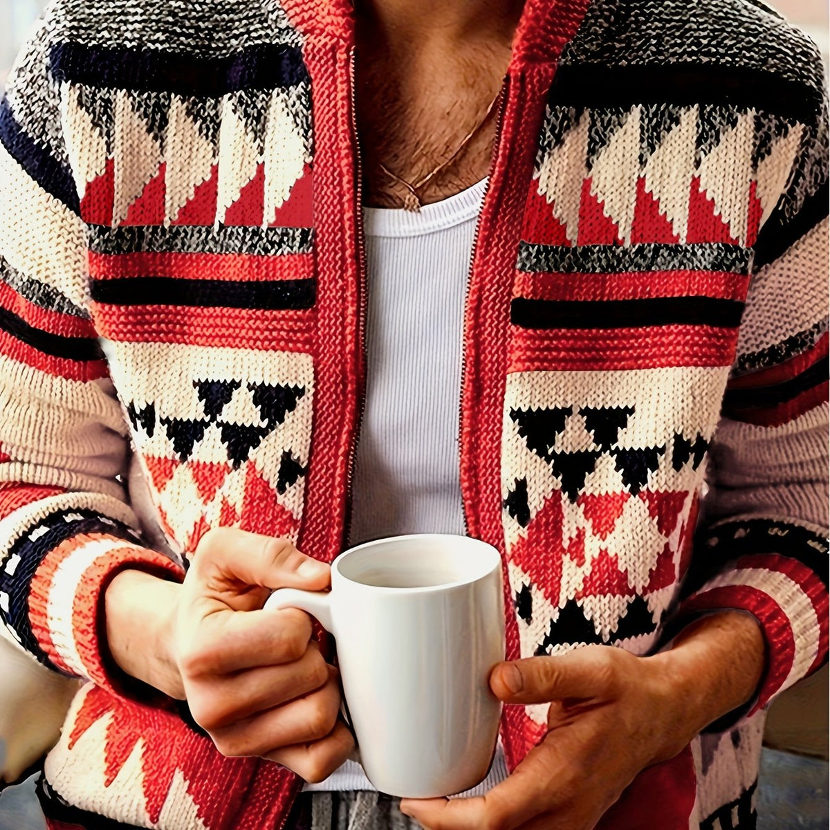 Kessoro men's patterned stand-collar zip-up knit cardigan in red