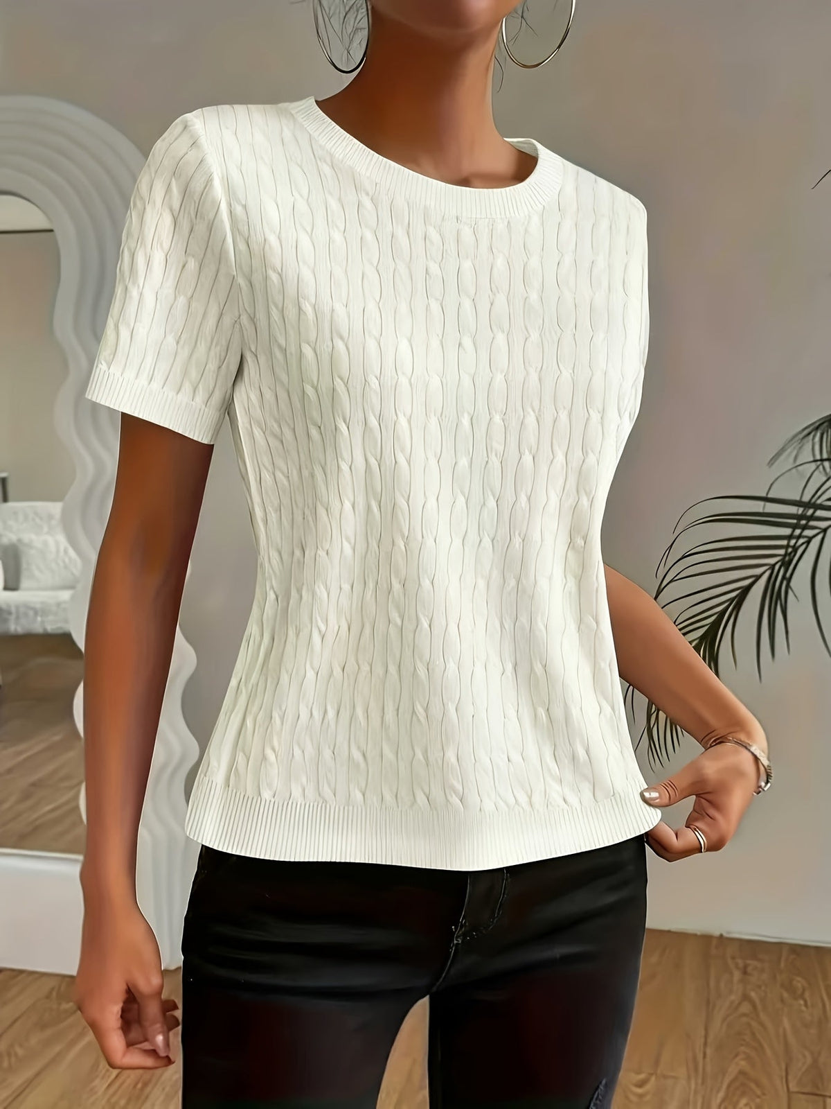 Kessoro women's textured round neck short sleeve top in white, black, navy and scarlet red - view 7 of 9