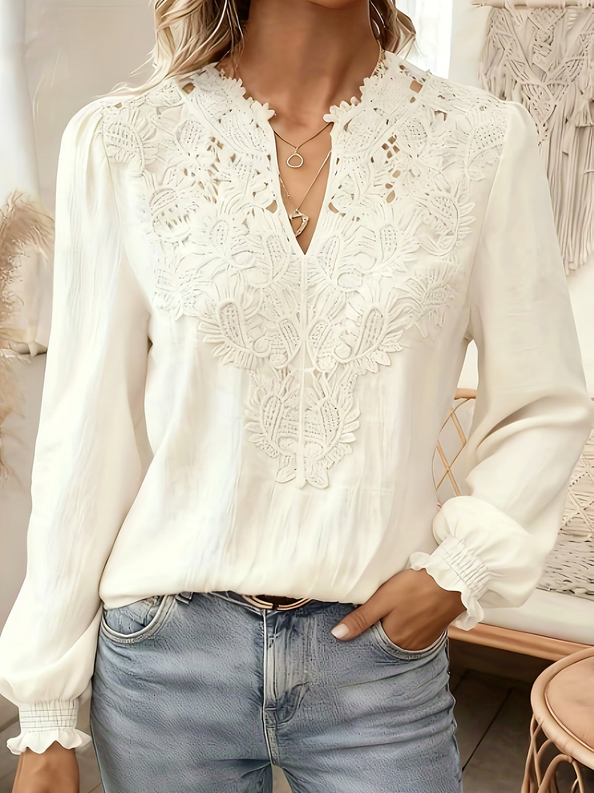 Kessoro women's embroidered V-neck lantern-sleeve blouse in white and light blue – view 4