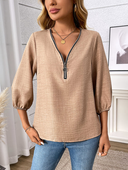 Kessoro women's khaki zip-front V-neck three-quarter sleeve blouse - view 10 of 10