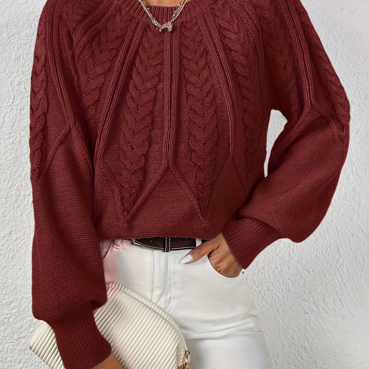 Kessoro women's relaxed cable-knit lantern-sleeve sweater in matcha, beige, burgundy, navy and camel